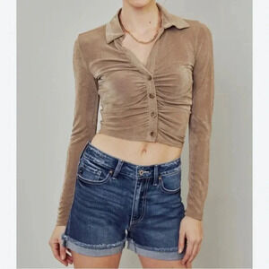 Shein Brown Scrunched Cropped Button Down Collared Long Sleeve Shirt Size Medium